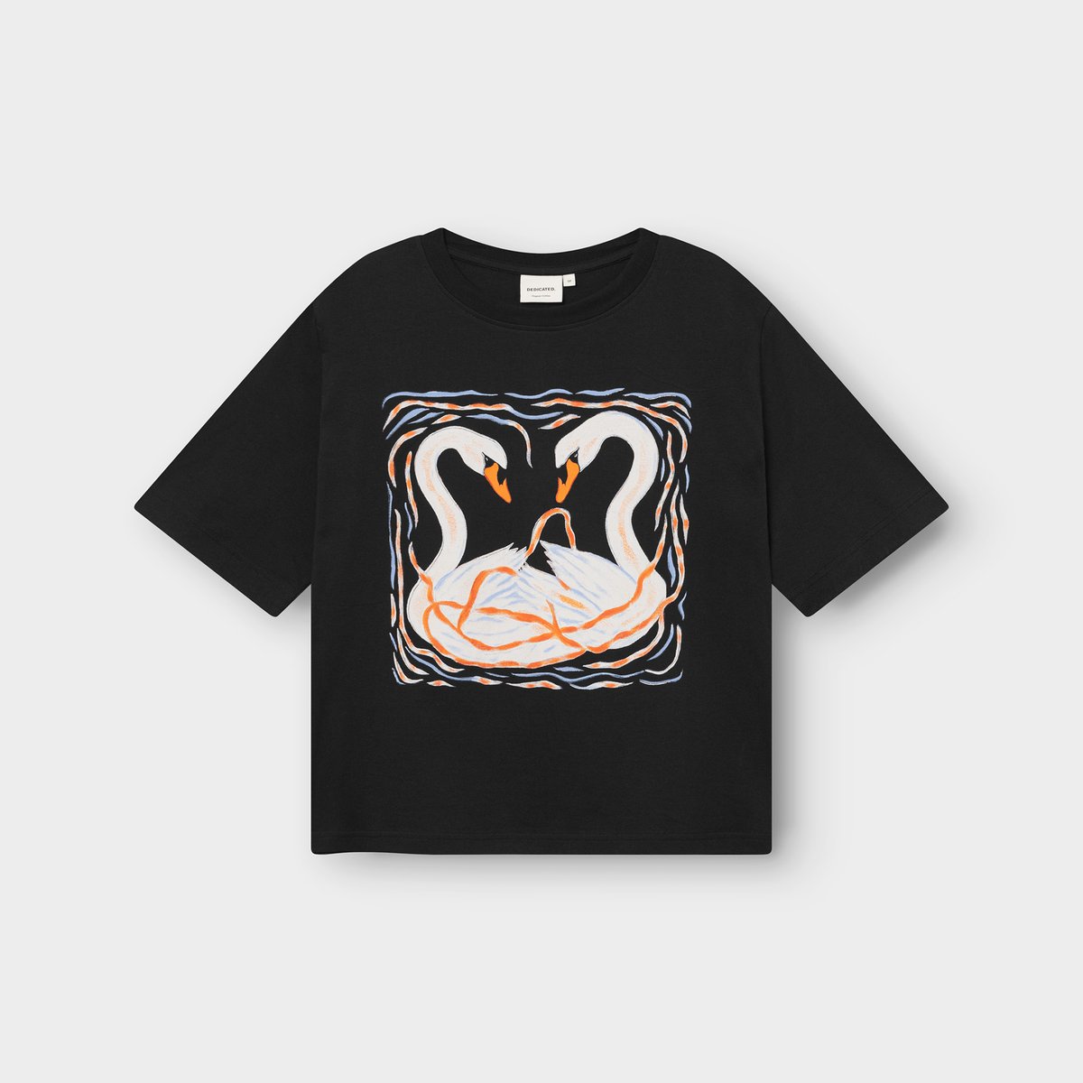The black Vadstena T-shirt laid flat, showing off its relaxed fit and the beautiful painterly swan graphic on the chest.