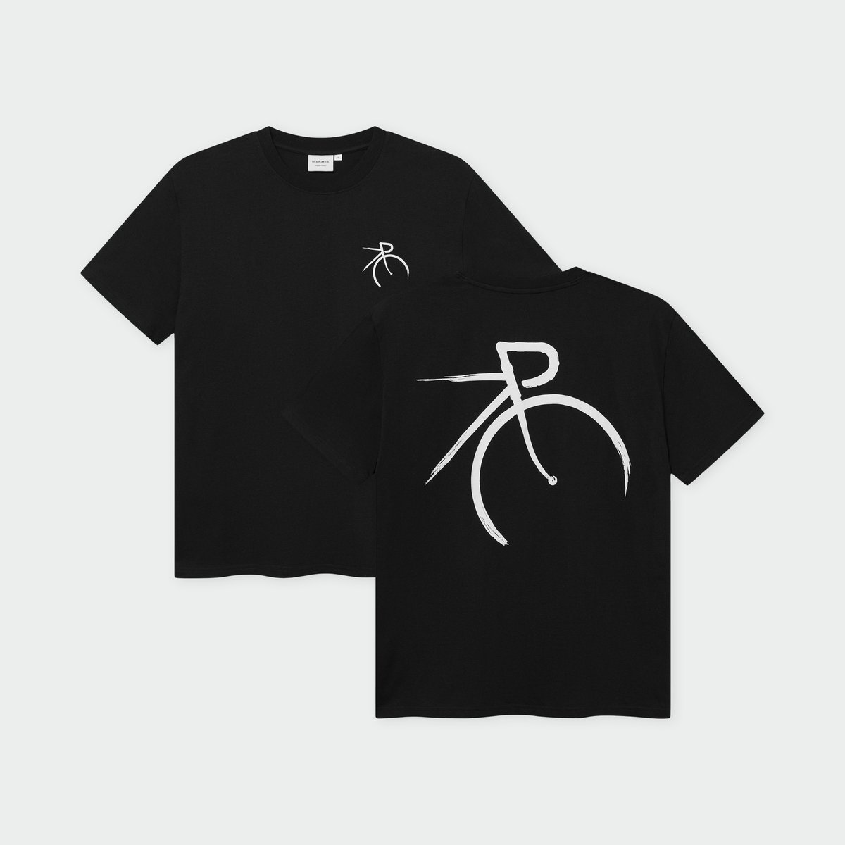 The black Stockholm Painted Side Bike t-shirt, shown from the front and back to highlight the artistic white bicycle graphic.
