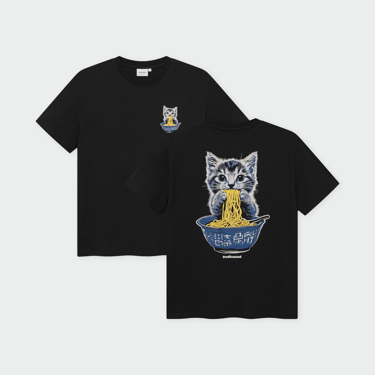 Front and back of the black Cat and Noodles t-shirt, with a cute kitten print on the chest and a large version on the back.