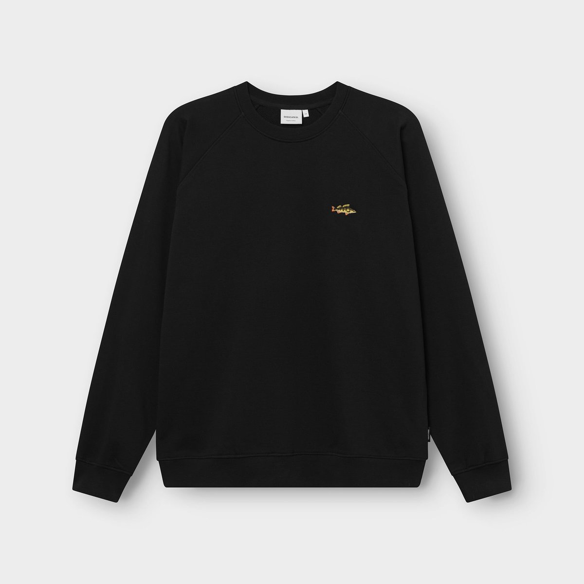 The Sweatshirt Malmoe Perch EMB in black, a classic crewneck with a cool embroidered fish on the chest, seen from the front.