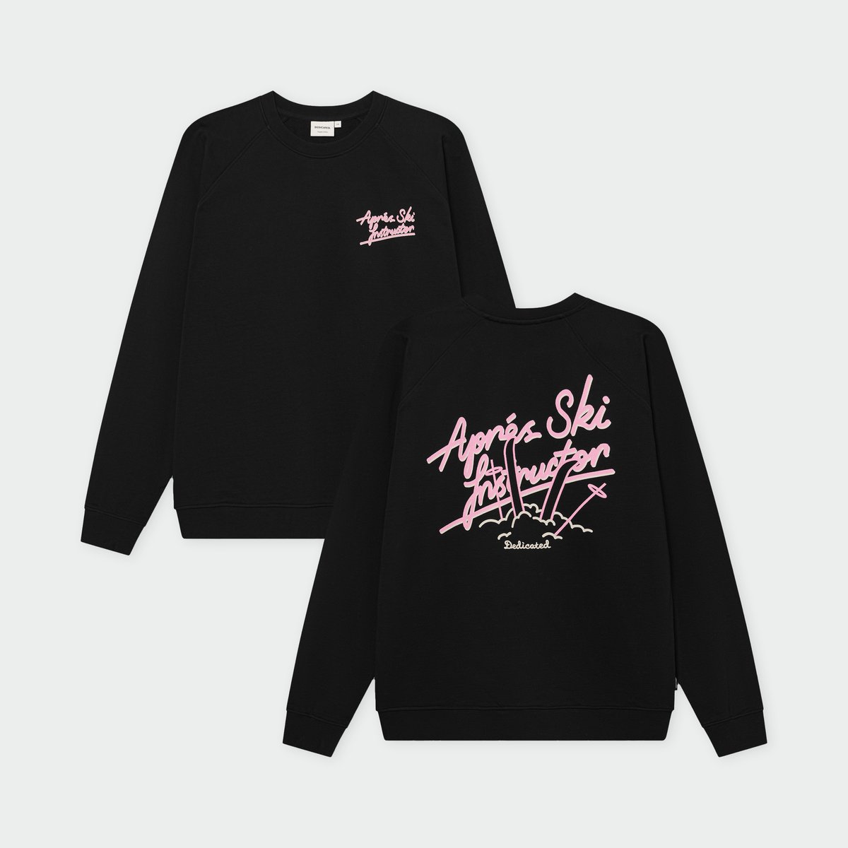 Front and back view of the black Sweatshirt Malmoe, featuring a fun, pink 'Après Ski Instructor' graphic.