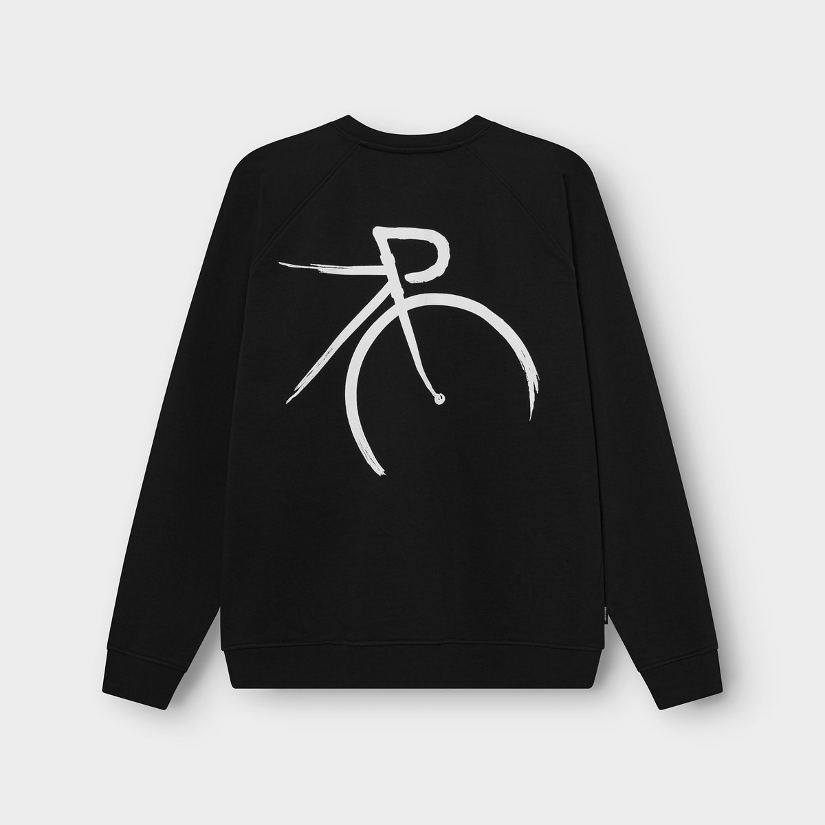 Studio shot of the back of the black Malmoe sweatshirt, with a bold, white painted bicycle graphic.