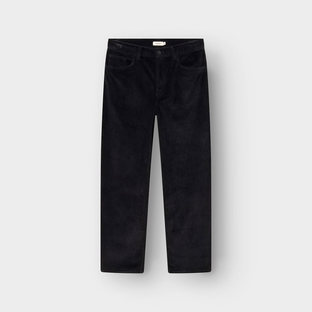 Studio shot of the Pants Hamburg Corduroy in black, laid flat to show the relaxed silhouette.