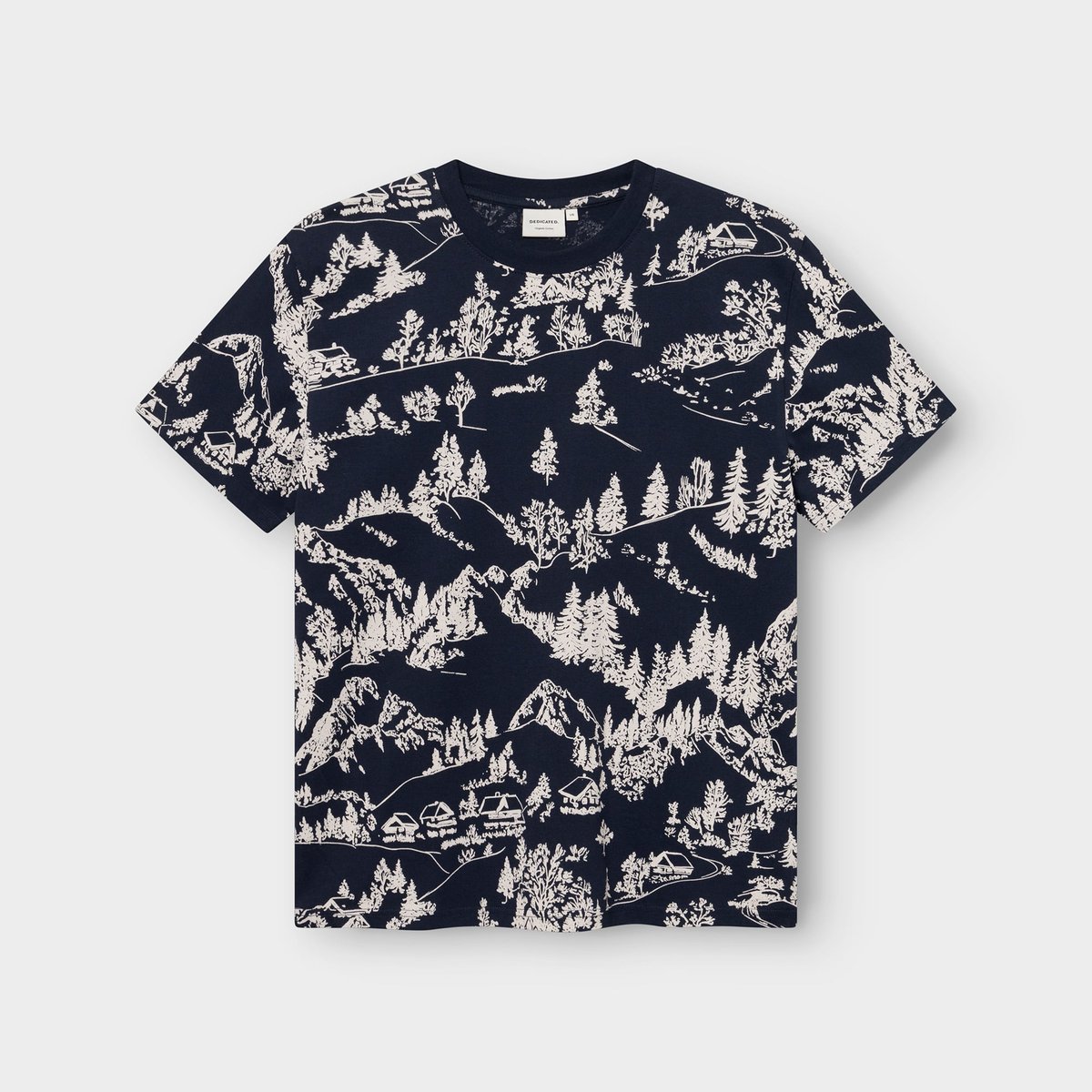A navy blue t-shirt with a detailed, all-over print of a hillside village surrounded by forests and mountains.