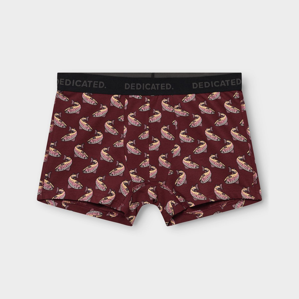 Front view of the Boxer Briefs Kalix in burgundy, featuring a playful all-over trout print and black logo waistband.