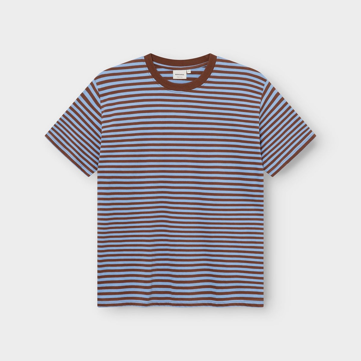 The T-shirt Stockholm Stripes in Cappuccino Brown and Cornflower Blue, photographed flat against a light grey background.