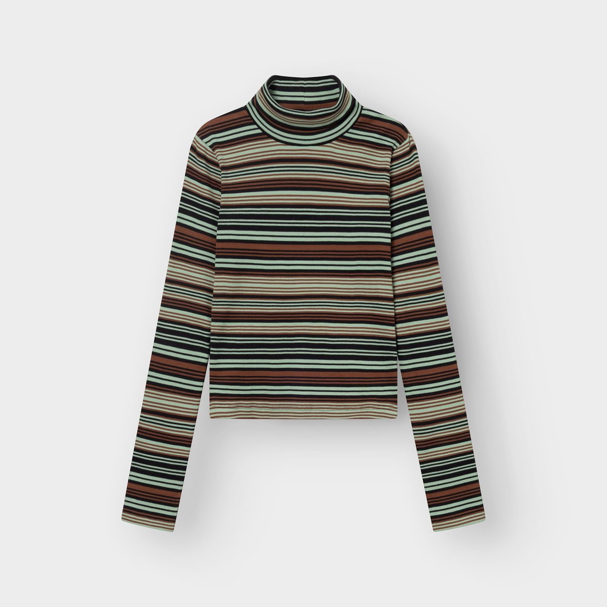 Studio shot of the Rib Top Malma turtleneck in an irregular stripe pattern with shades of green, brown, black and off-white.