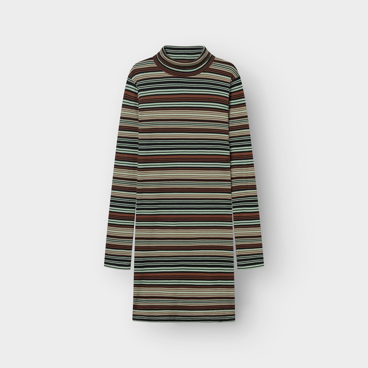 Studio shot of the Rib Dress Lunsen, a turtleneck dress with horizontal stripes in shades of green, brown, and black.