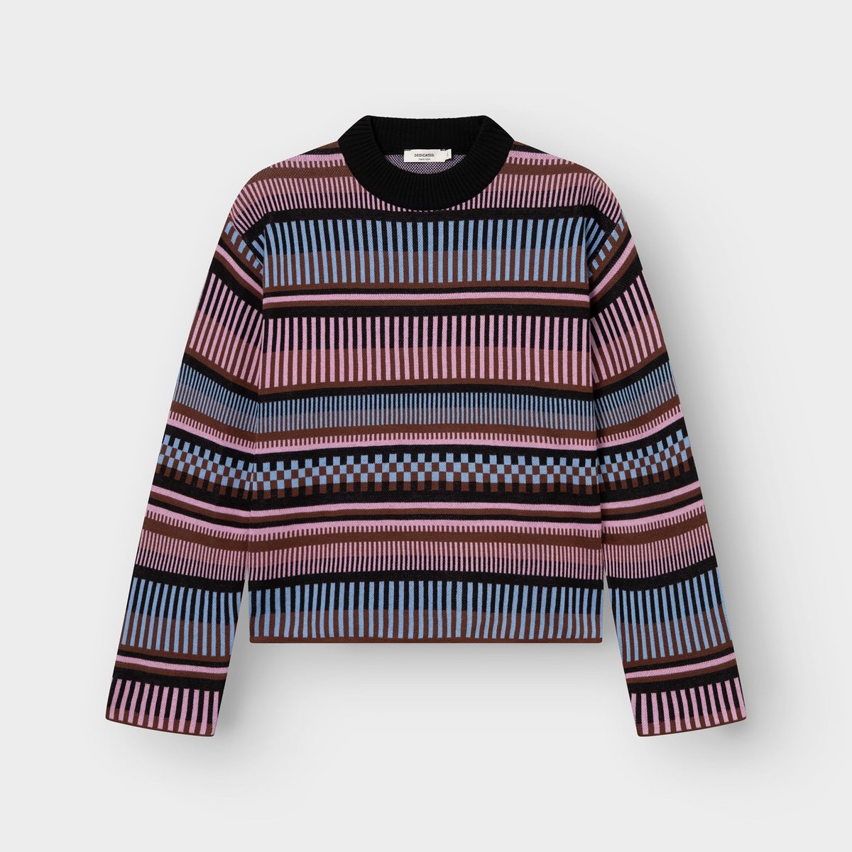 A flat lay image of the Sweater Limhamn, featuring a vibrant dashed stripe pattern in pink, blue, brown and black.