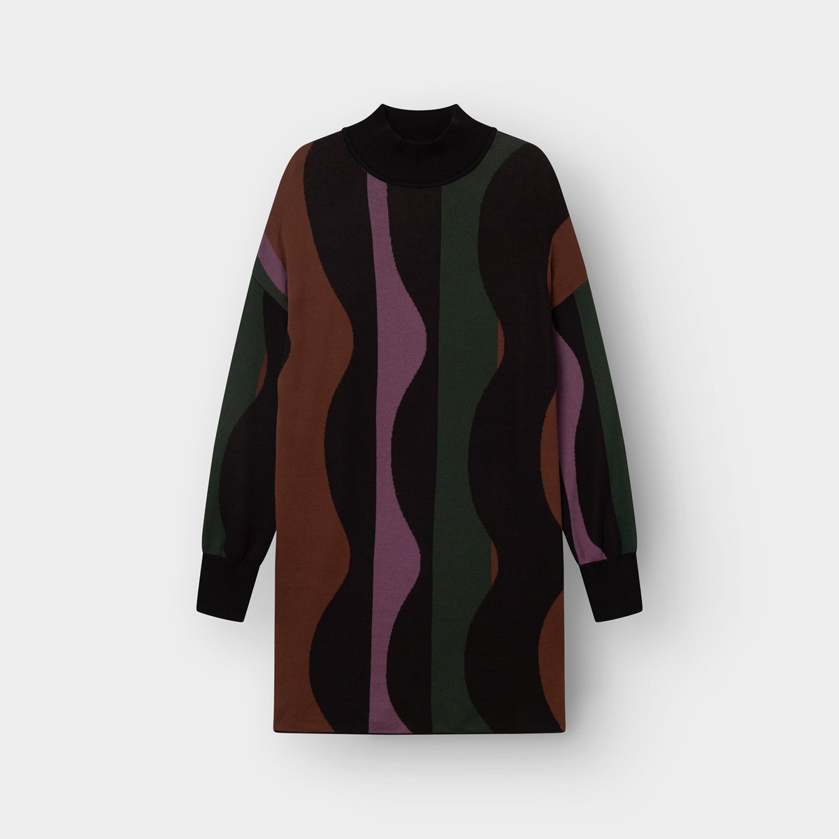 Flat lay of the Nikkala knitted dress in Wavy Stripe Multi Color, featuring a fun pattern in black, green, brown and purple.