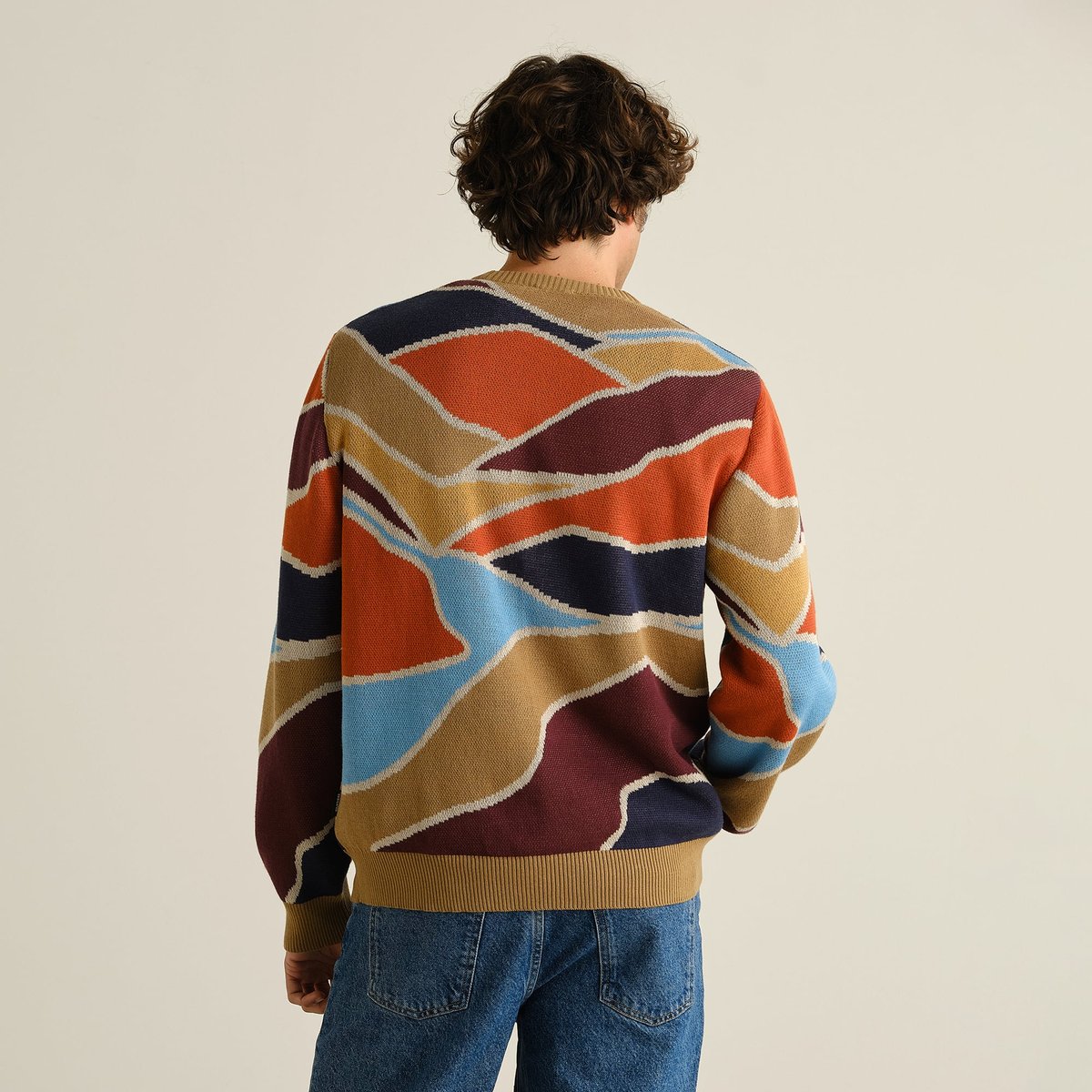 Model seen from behind wearing the Sweater Mora Patch Valley, showing off its colorful and abstract jacquard knit pattern.