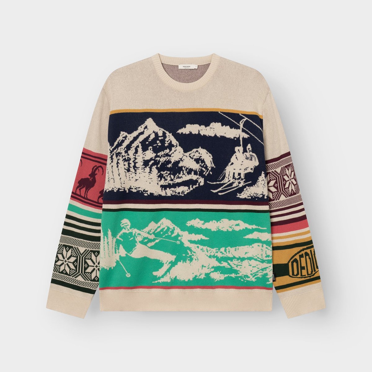 Flat lay of the Sweater Mora Retro Ski Blocks, a colorful jacquard knit with fun, vintage-inspired ski graphics.