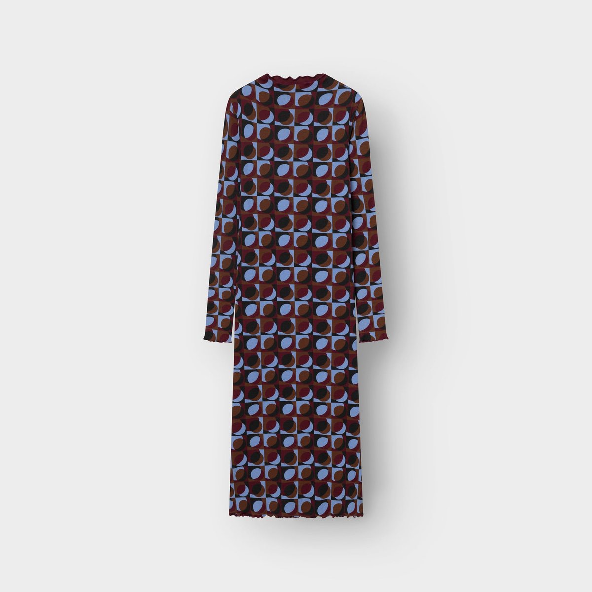 Back view of the stylish Rib Dress Lofta, featuring a fun Retro Geo print in a mix of earthy tones and light blue.