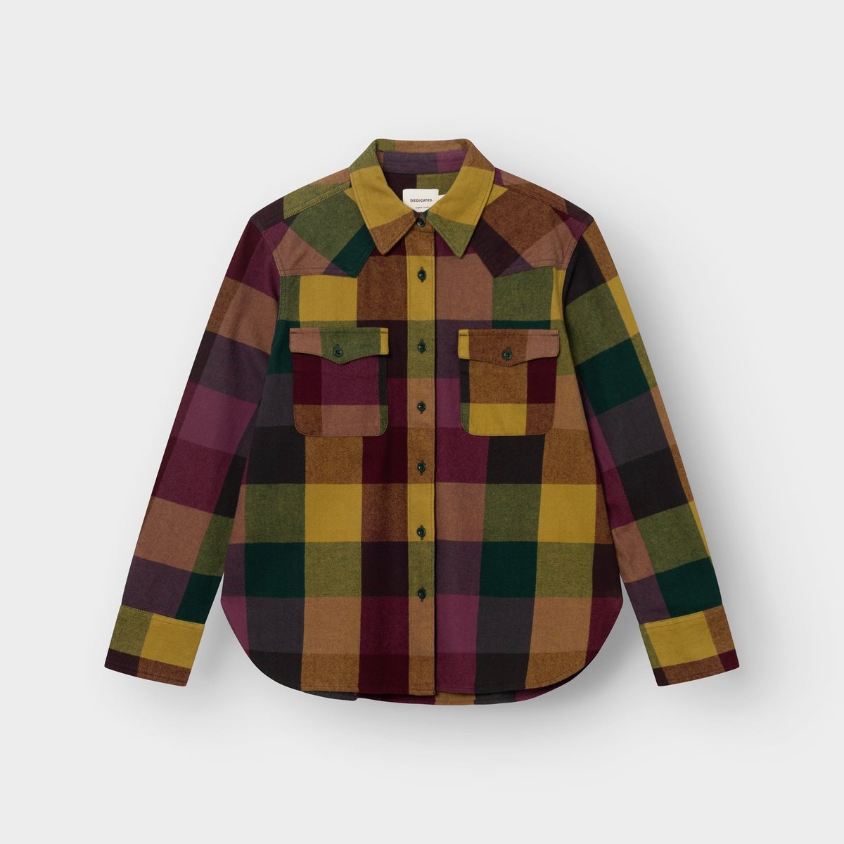Front view of the Arboga flannel shirt in a bold, multi-color check pattern featuring mustard, green, and burgundy.