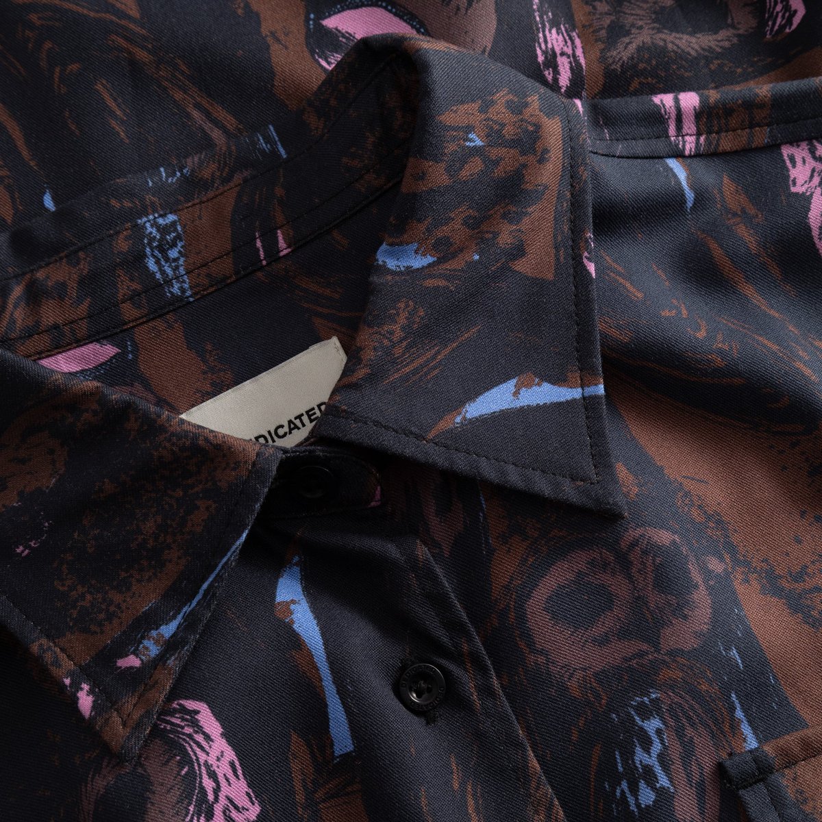 A close-up of the Kvilla Shirt Dress in the Owls Multi Color print, focusing on the collar and fabric detail.