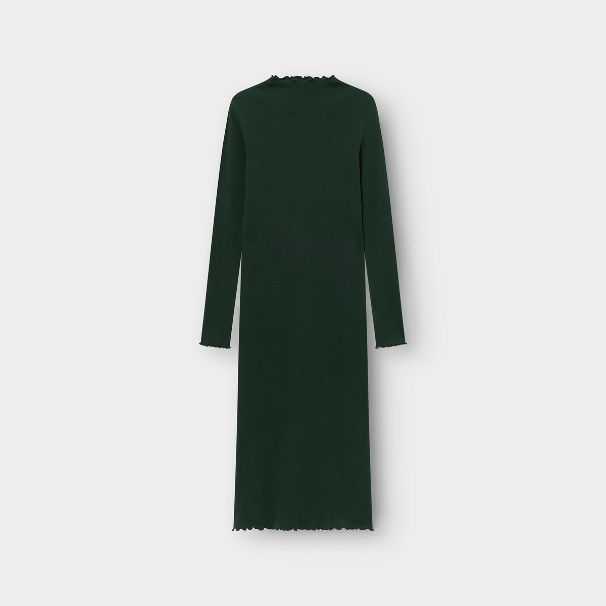 Back view of the long-sleeved Rib Dress Lofta in dark green, featuring delicate lettuce edges. Photographed flat.