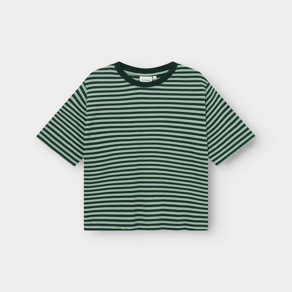 A flat lay of the Dedicated Vadstena T-shirt in a timeless dark green and granite green striped pattern.