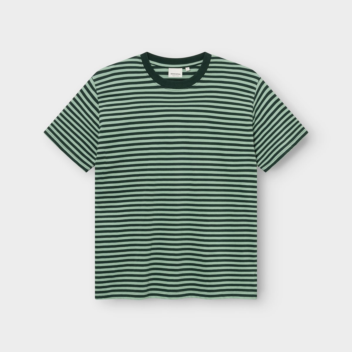 Studio photo of the Stockholm T-shirt in Dark Green and Granite Green stripes, laid flat.