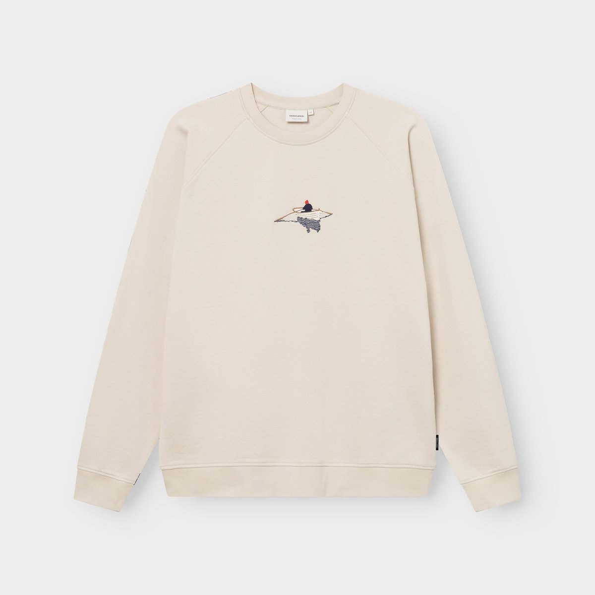 Studio shot of the classic Sweatshirt Malmoe in Oat White, featuring a charming embroidered rowing boat on the chest.