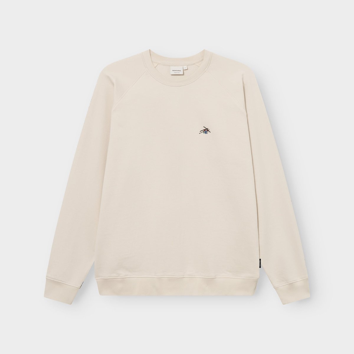 Front view of the oat white Sweatshirt Malmoe, laid flat, featuring a small, colourful 'Ski Crash' embroidery on the chest.