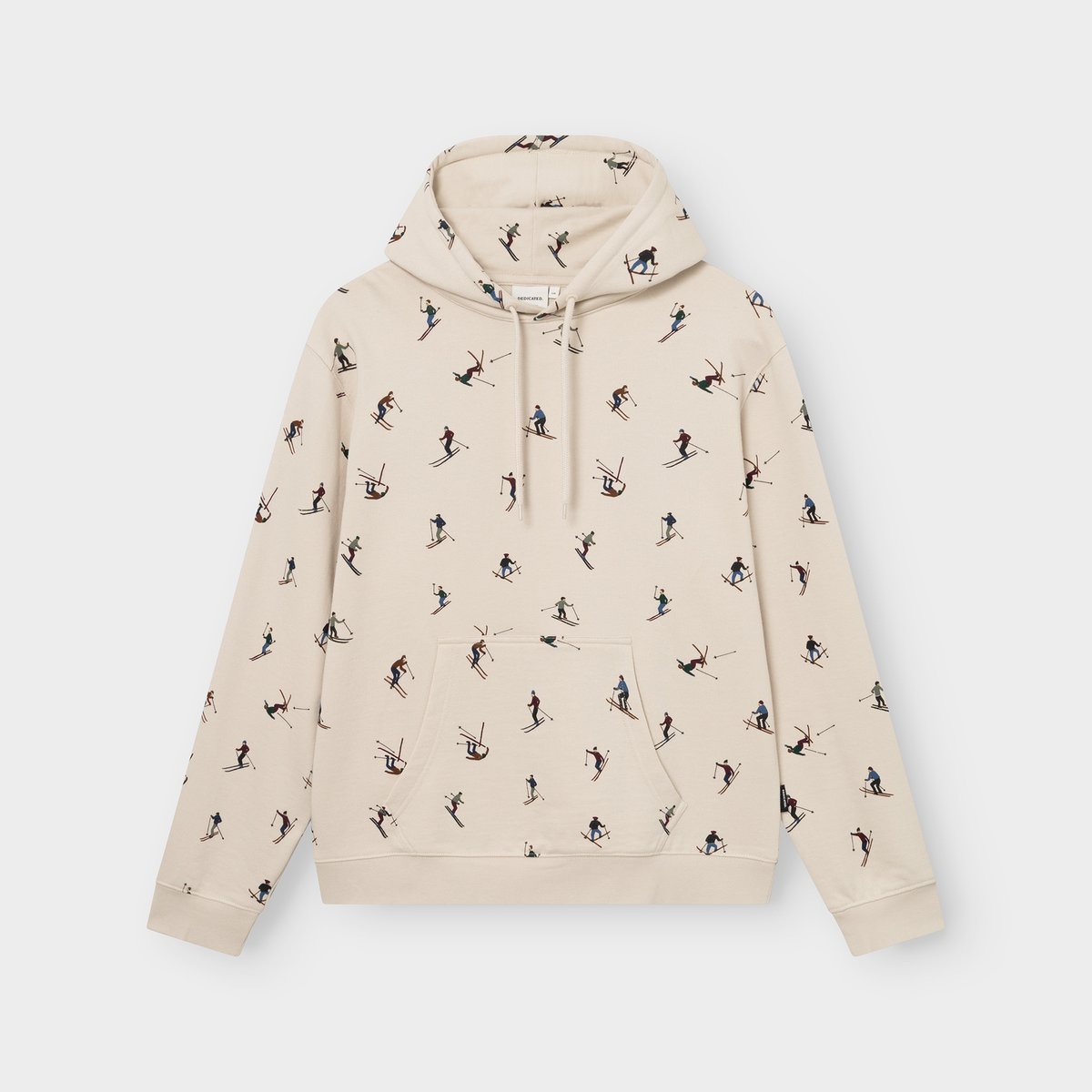 Studio shot of the oat white Falun Ski Team hoodie. The sweater has a fun all-over print of colorful skiers.