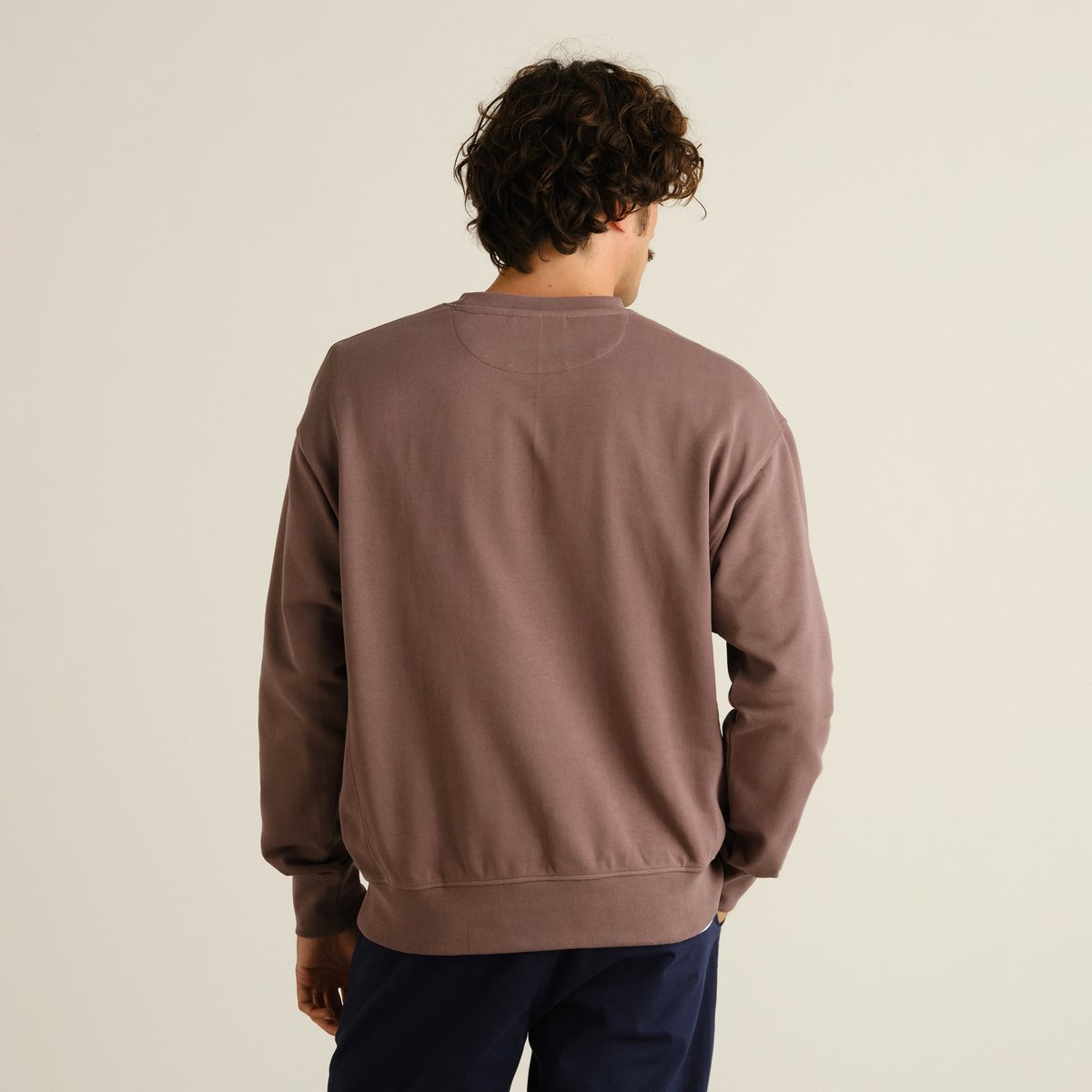 Model from the back wearing the Dedicated Sweatshirt Bettna in Sparrow Brown, showing off its relaxed silhouette.