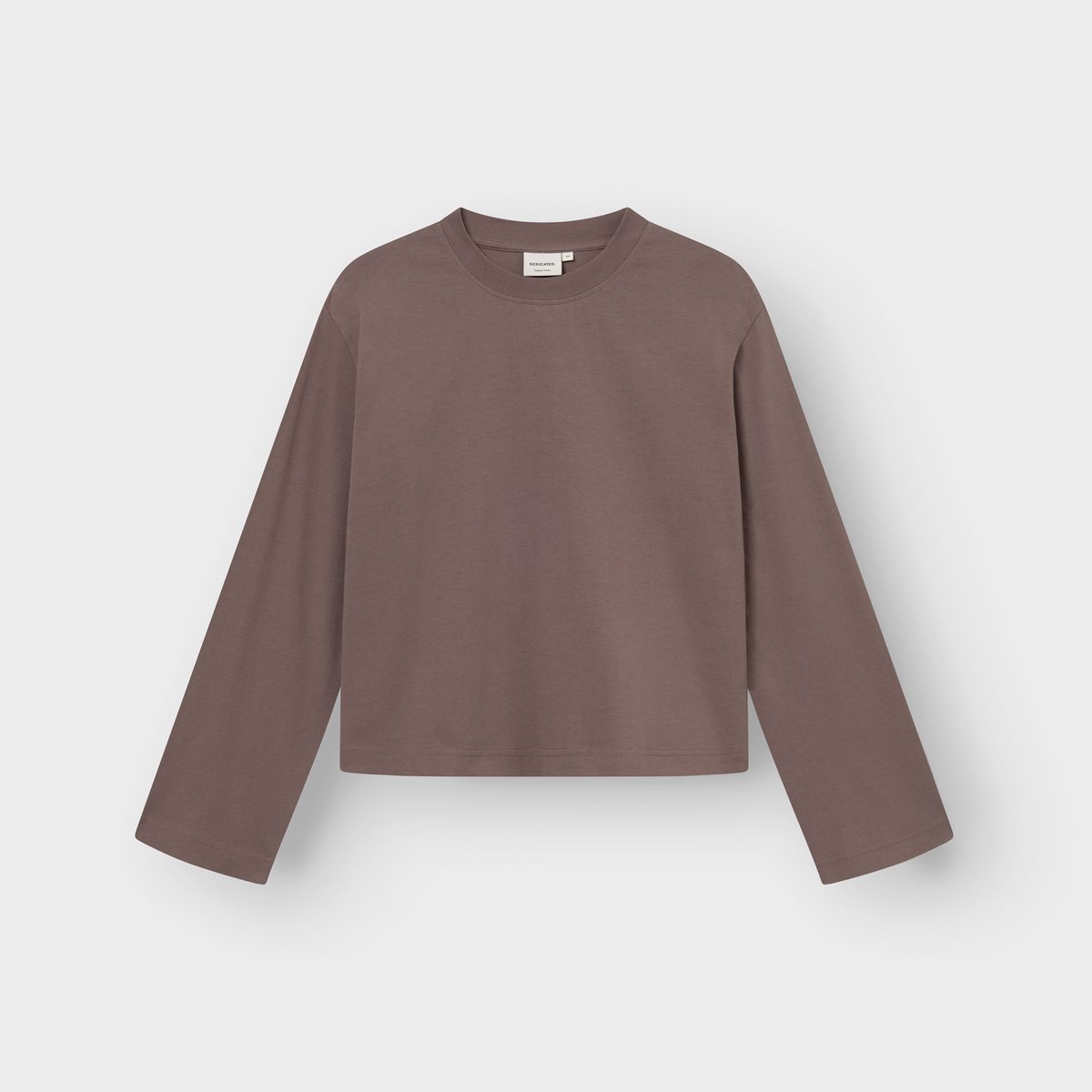 Studio shot of the Vreta long-sleeved t-shirt in Sparrow Brown, a relaxed fit top with wide sleeves.