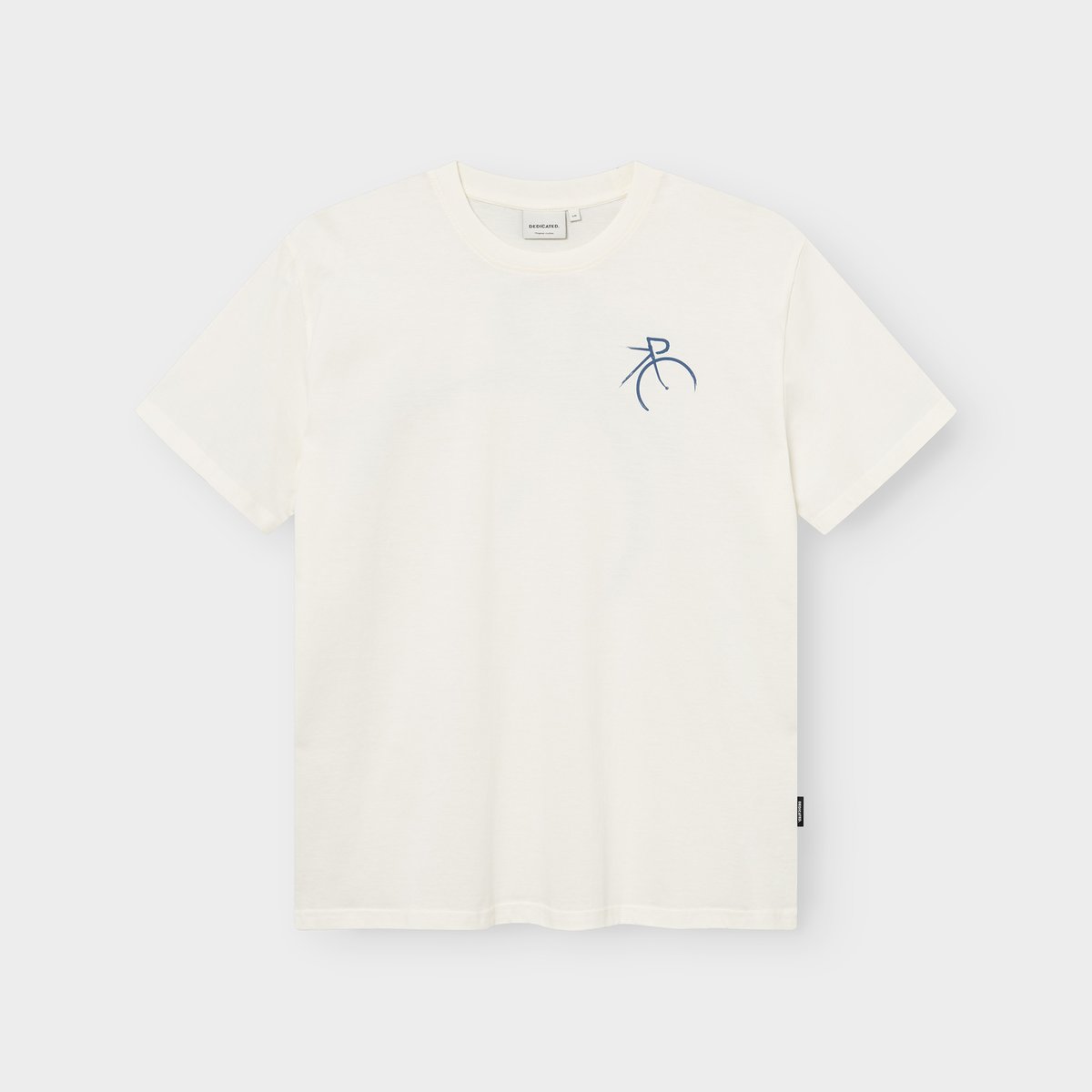 Front view of the off-white Stockholm t-shirt with a minimalist blue bicycle print on the chest.
