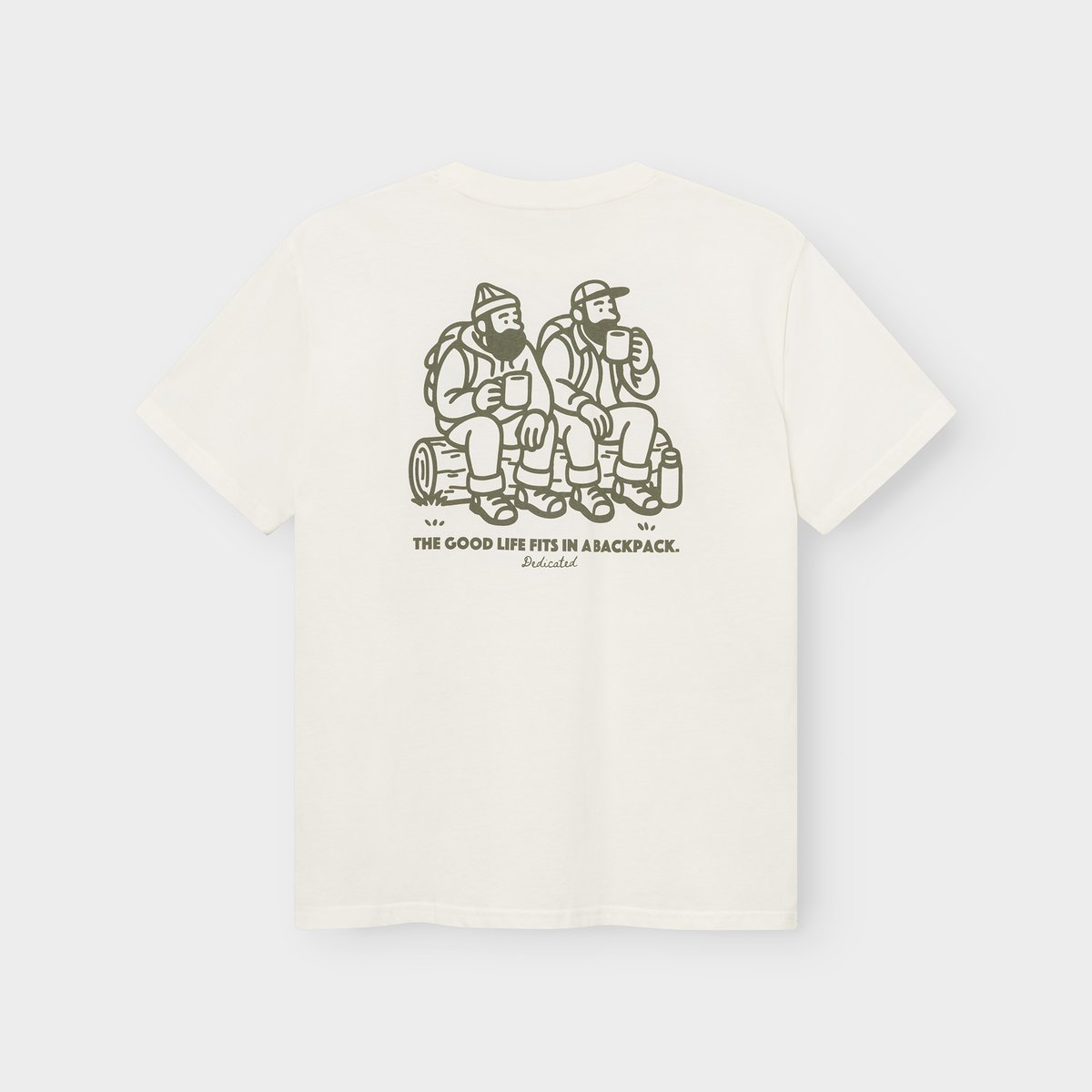 Back of the off-white Stockholm tee, with a print of two hikers on a log and the text 'The good life fits in a backpack'.