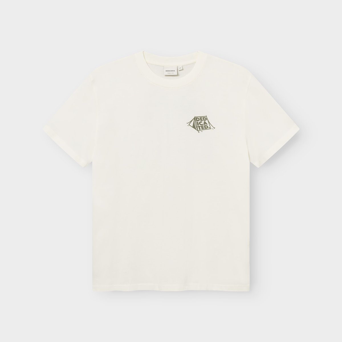A flat lay of the Stockholm Camp Crew t-shirt in off-white, featuring a small, printed camping tent graphic on the chest.