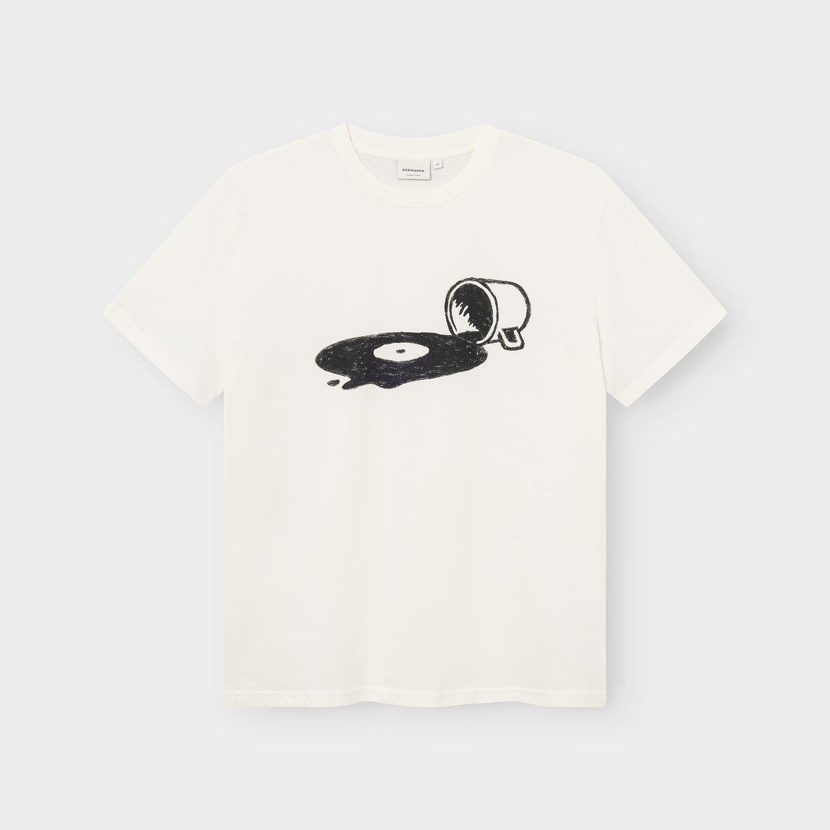 A flat lay of the T-shirt Stockholm Spilled in off-white, with its unique graphic of a cup spilling out a vinyl record.