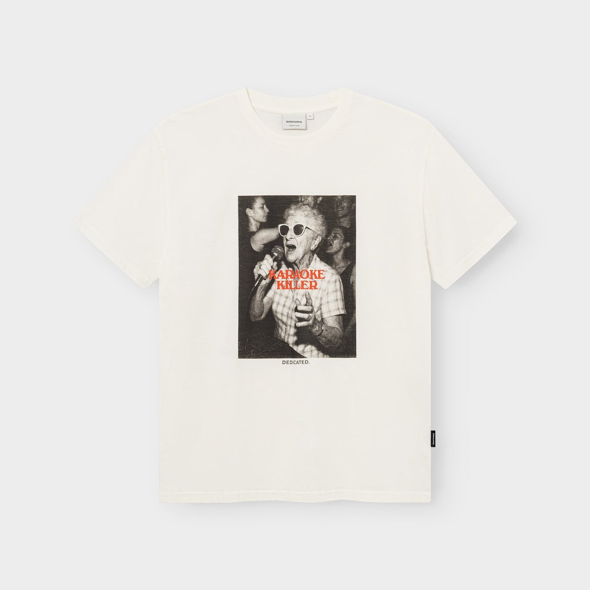 Studio shot of the off-white T-shirt Stockholm laid flat, featuring the fun 'Karaoke Killer' print.