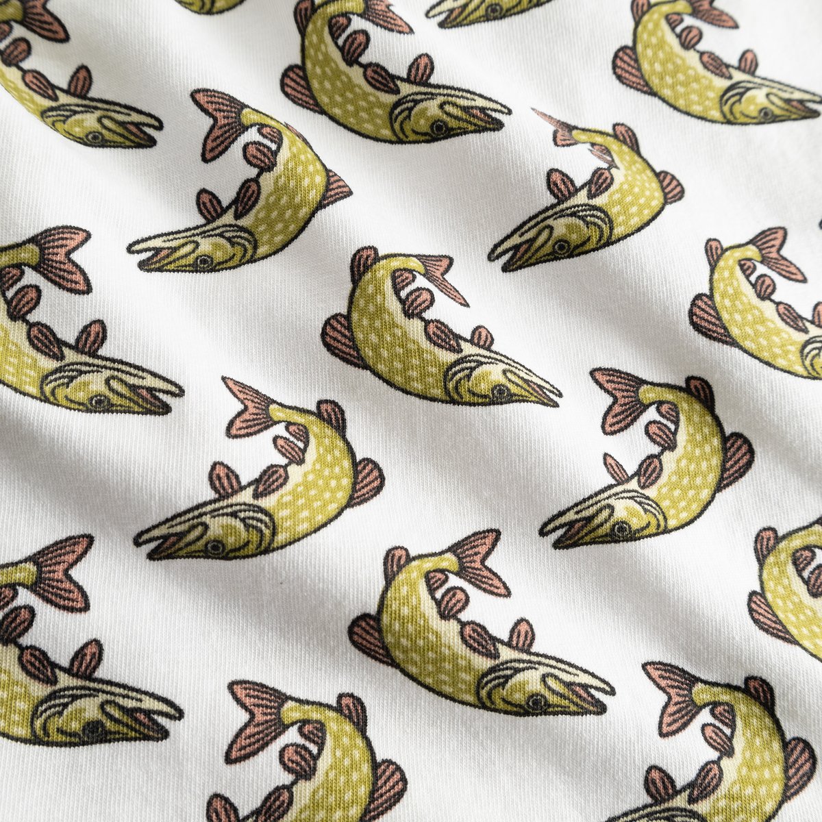 Close-up of the fun, all-over pike print on the white fabric of the Kalix Boxer Briefs.