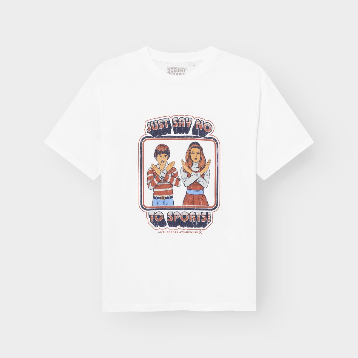 The white Stockholm t-shirt with a fun, retro 'Just Say No To Sports' graphic by Steven Rhodes, laid flat.