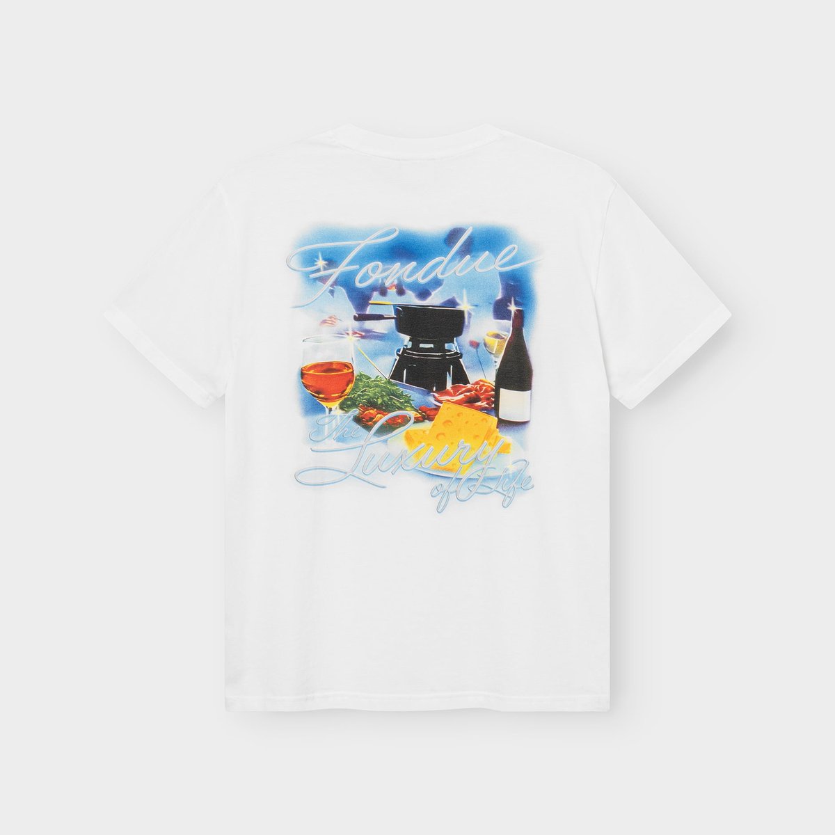 Back view of the white T-shirt Stockholm Fondue, showcasing its colorful retro-style graphic print.