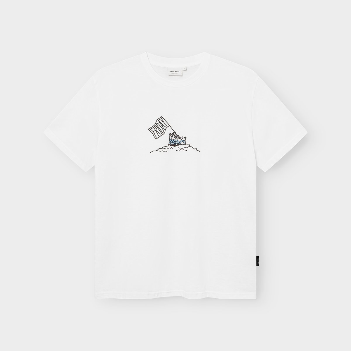 The white T-shirt Stockholm Friday Celebration laid flat, showcasing the fun 'Friday' flag graphic on the chest.