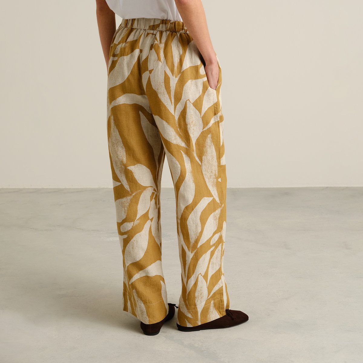 Pants Lansa Linen Abstract Leaf Bronze Yellow