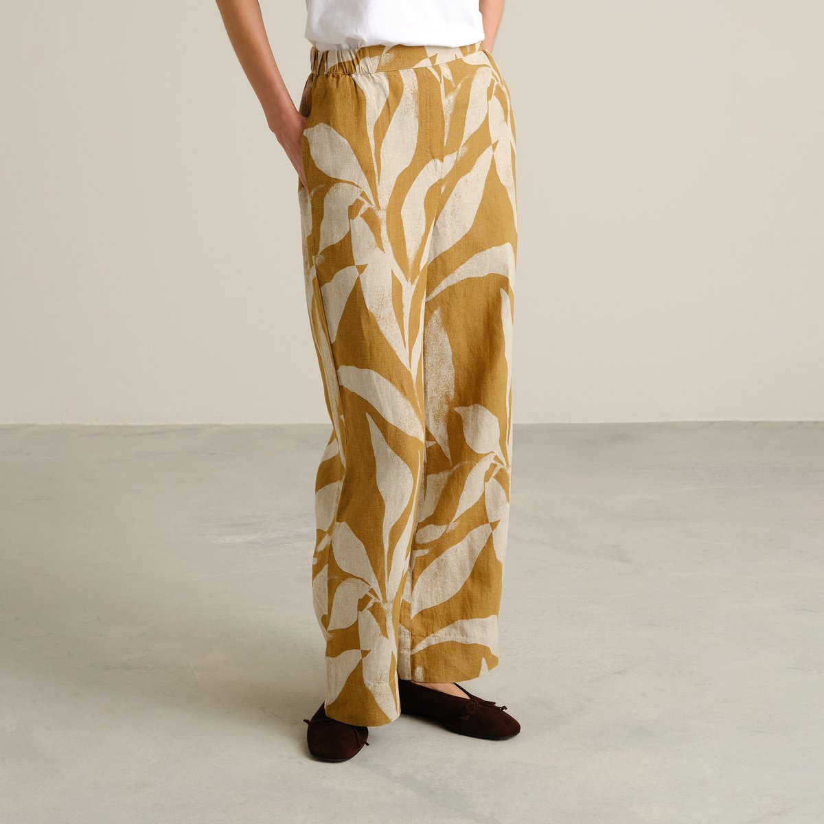 Pants Lansa Linen Abstract Leaf Bronze Yellow