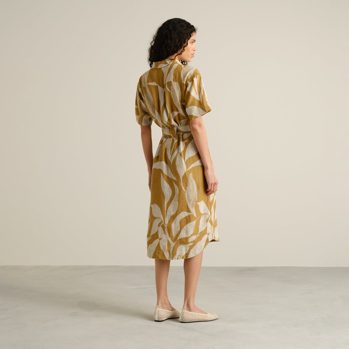 Shirt Dress Ripa Linen Abstract Leaf Bronze Yellow
