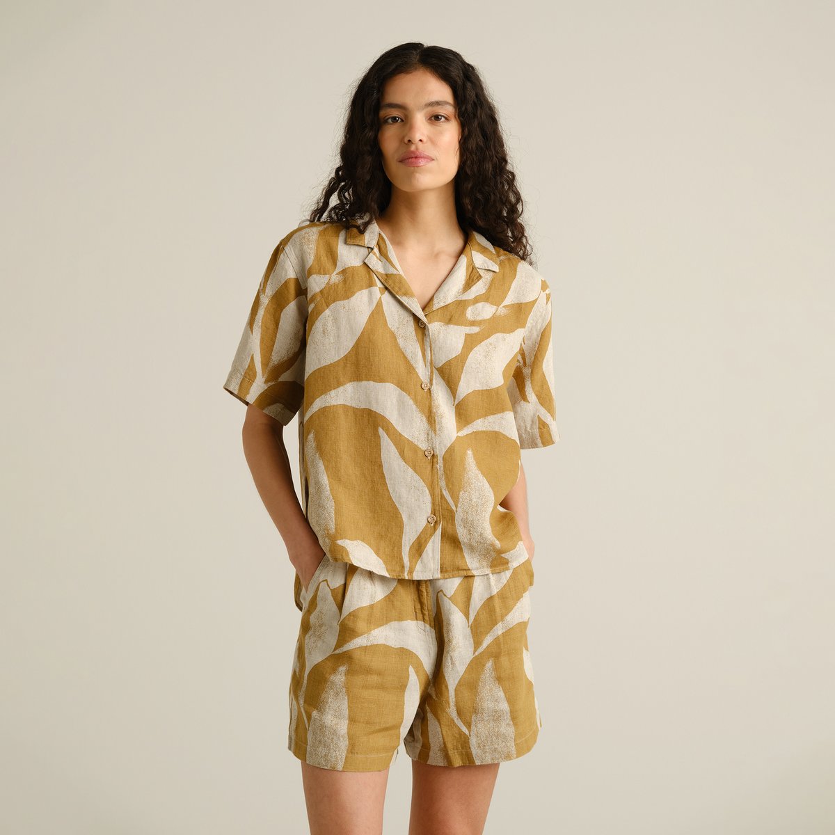 Shirt Torup Linen Abstract Leaf Bronze Yellow
