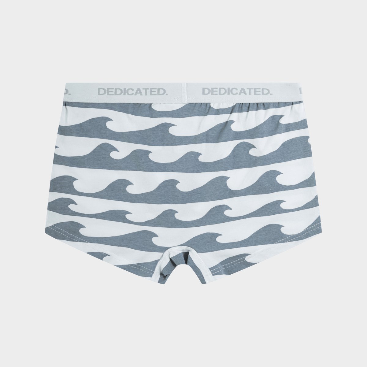 Flachgelegte Aufnahme der Rückseite der Kalix Boxershorts mit grau-weißem Wellenmuster.