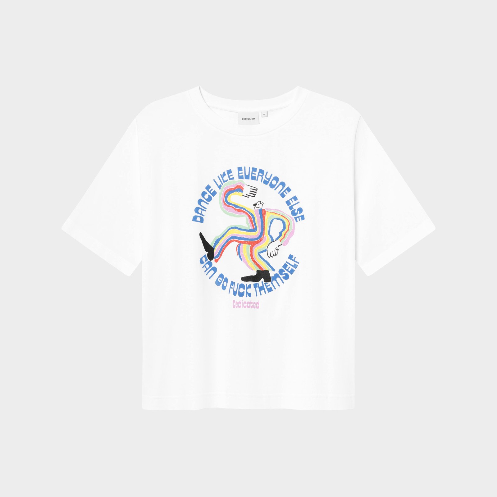 The white Vadstena T-shirt, laid flat, with its fun, rainbow-striped dancing figure and bold blue slogan.