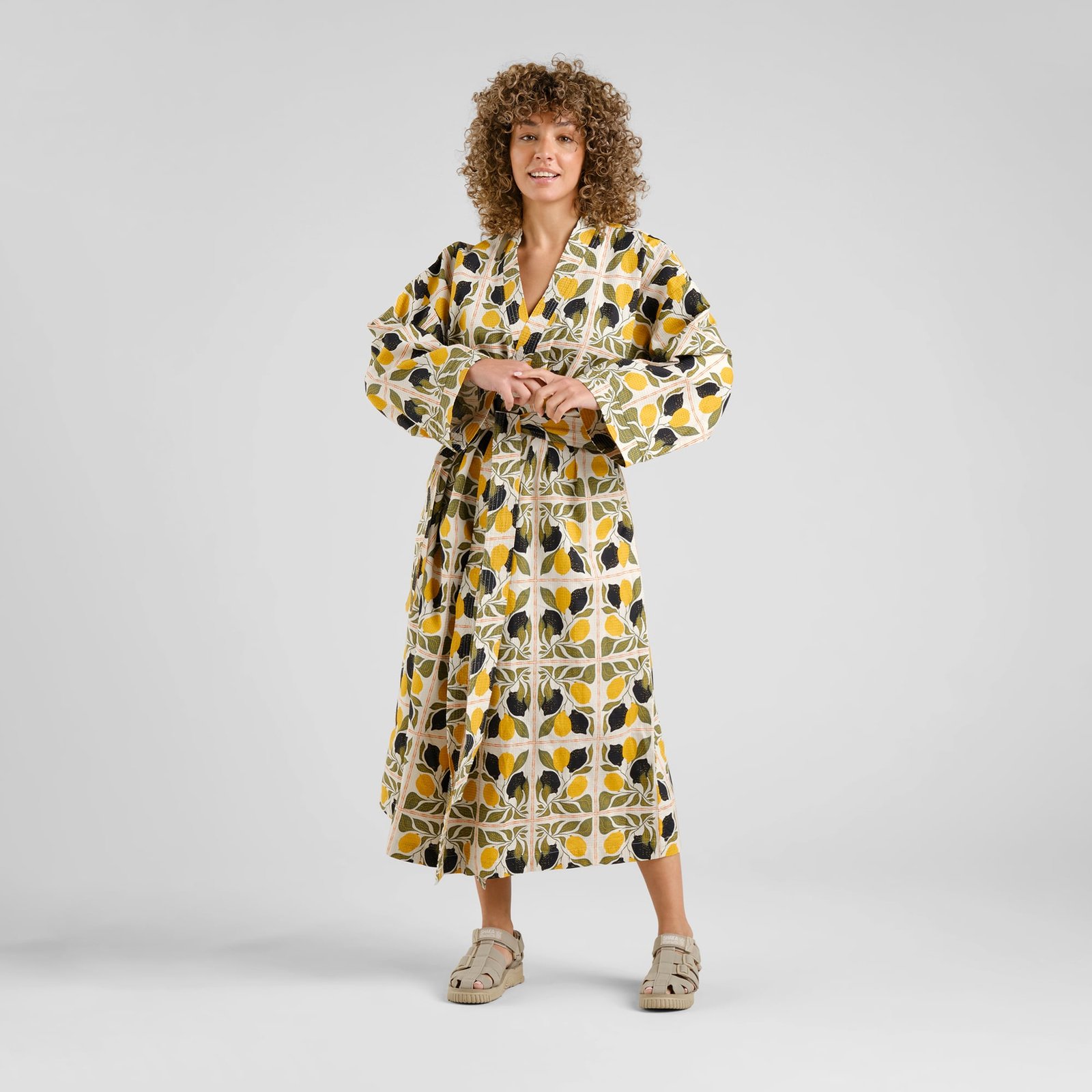 Glabo Bathrobe Lemon Tiles Oat White