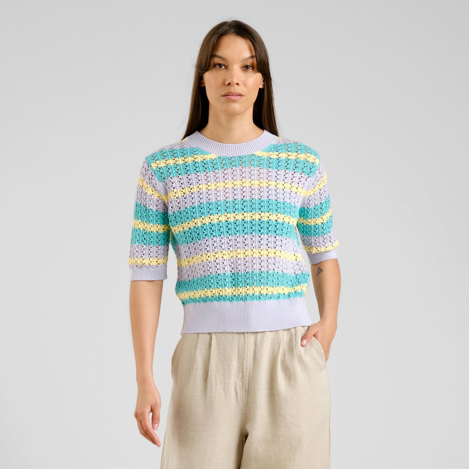 Knitted T-shirt Flen Crochet Retro Stripe Multi Color