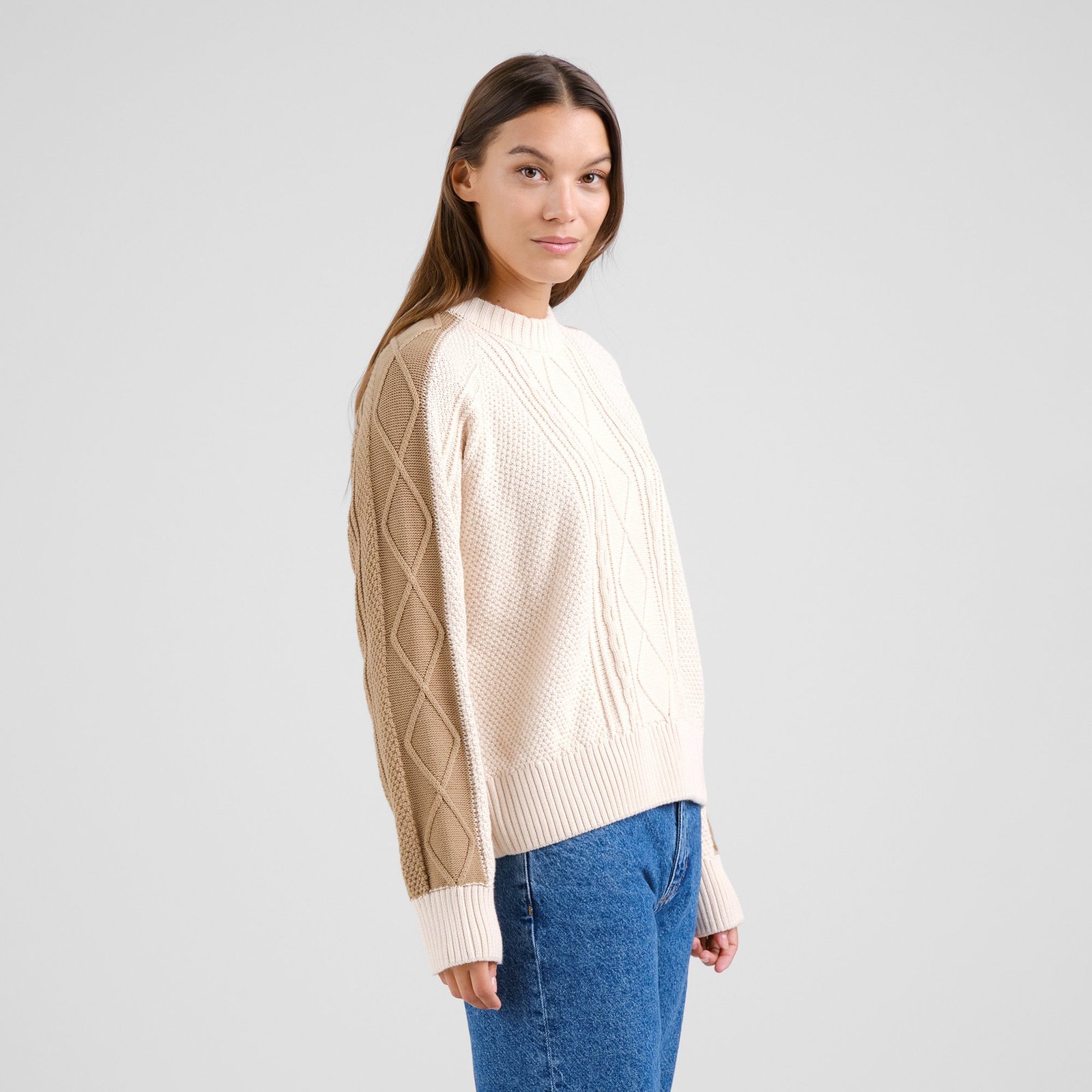 Sweater Husie Cable Knit Vanilla White/Kelp Beige