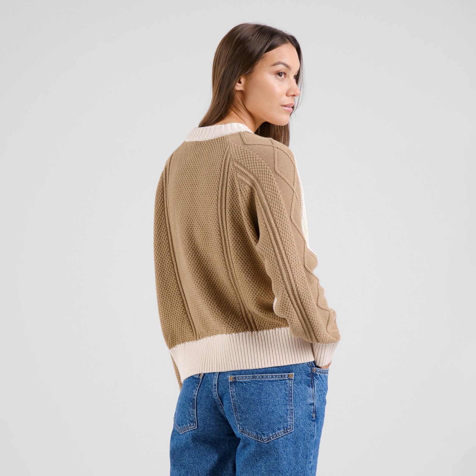 Sweater Husie Cable Knit Vanilla White/Kelp Beige