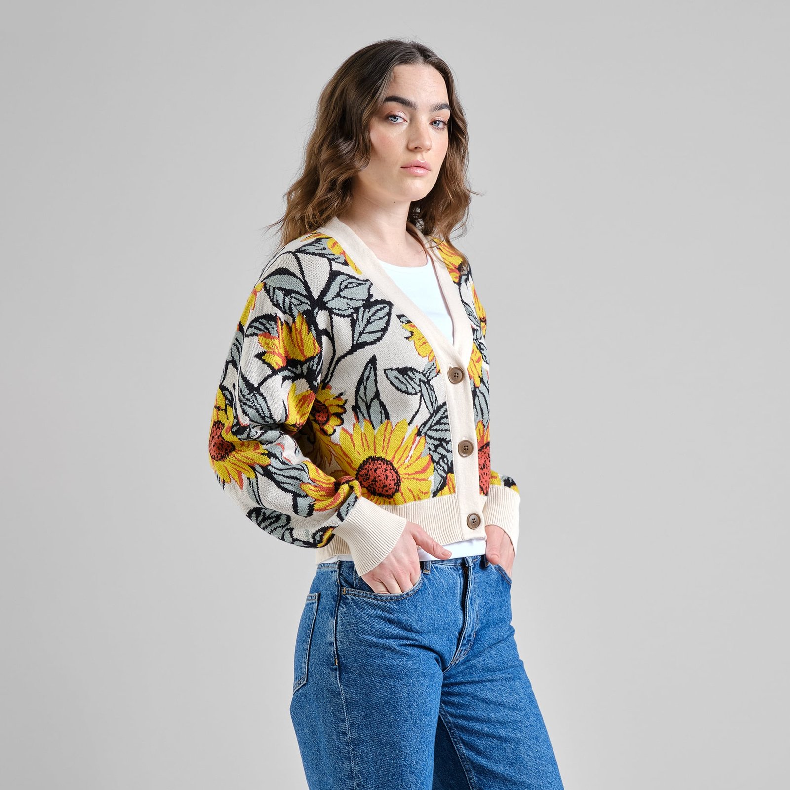 Cardigan Kanan Sunflower AOP Vanilla White
