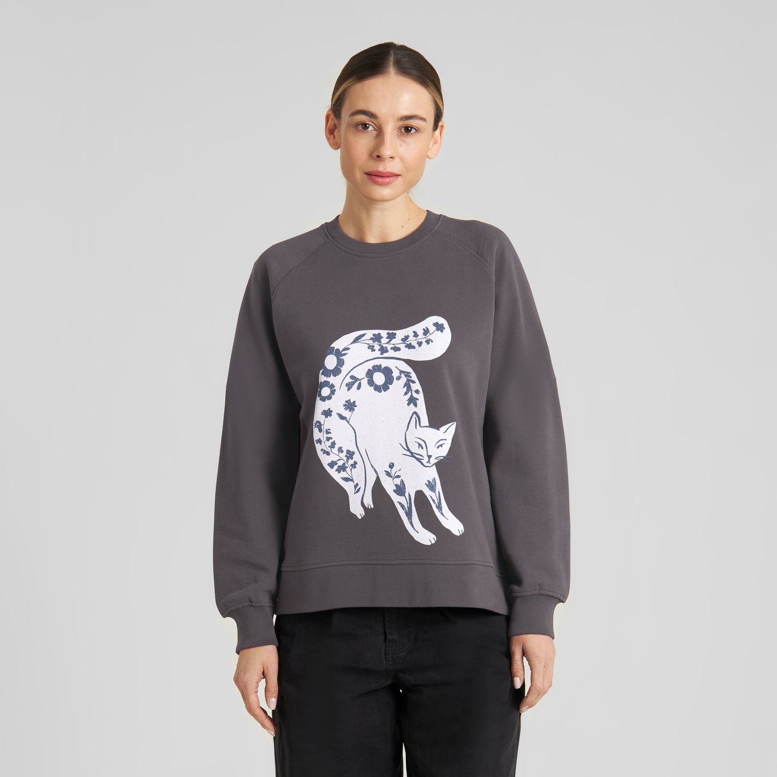 Sweatshirt Ystad Flower Cat Charcoal