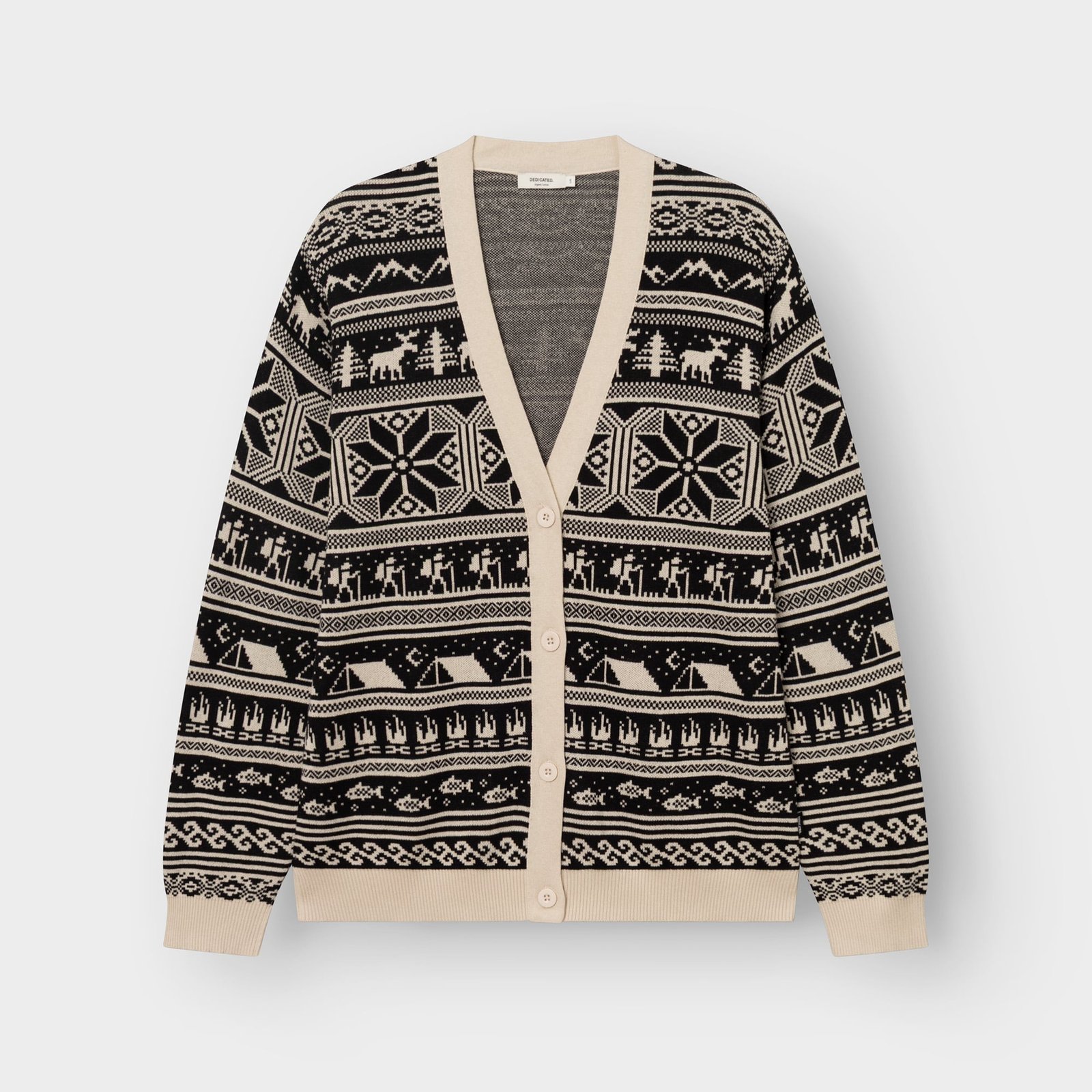 The cozy Cardigan Delsbo Fairsle Hike in black, laid flat. Its fun pattern features little hikers, tents, and moose.