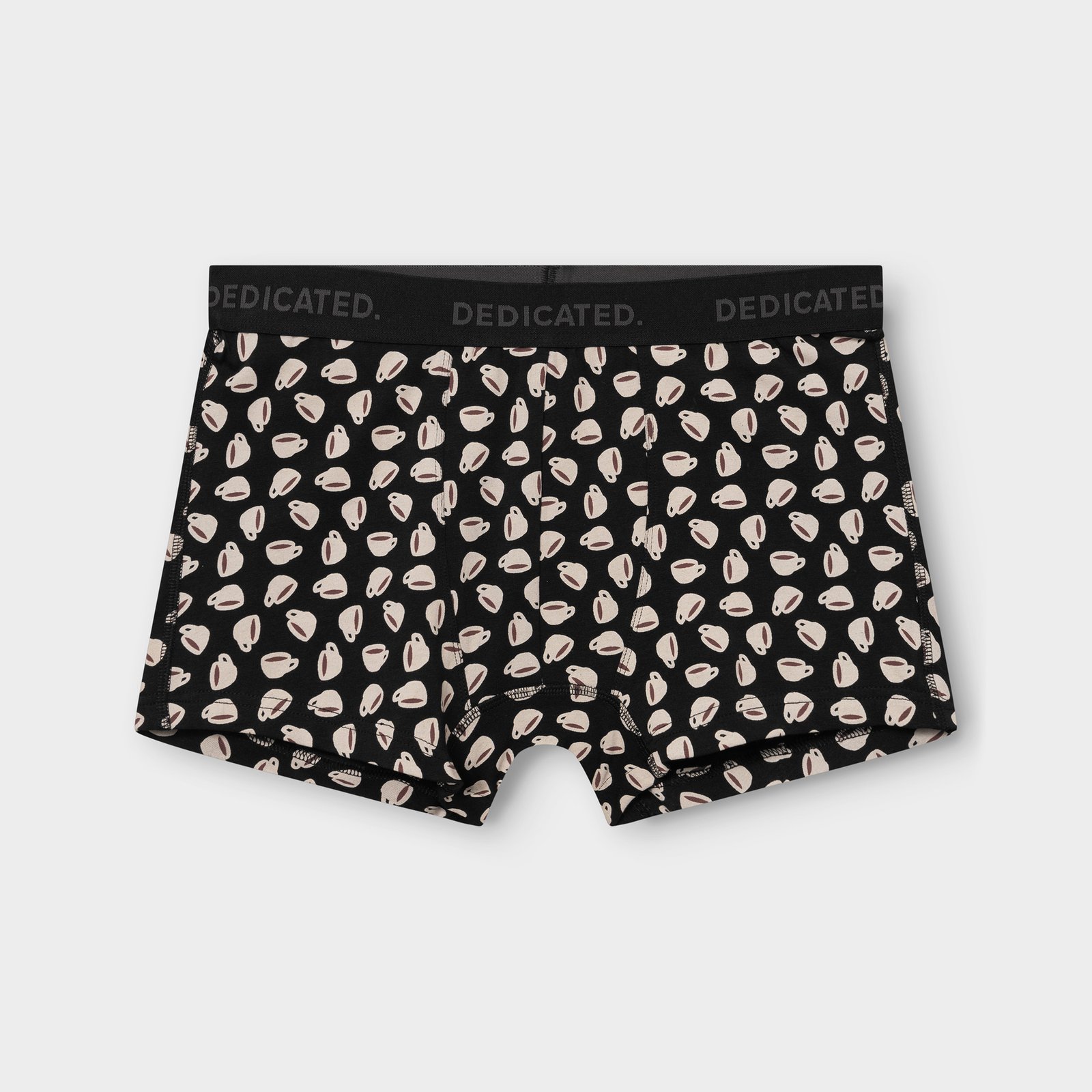 A pair of black boxer briefs with a fun all-over coffee cup print, photographed flat on a grey background.